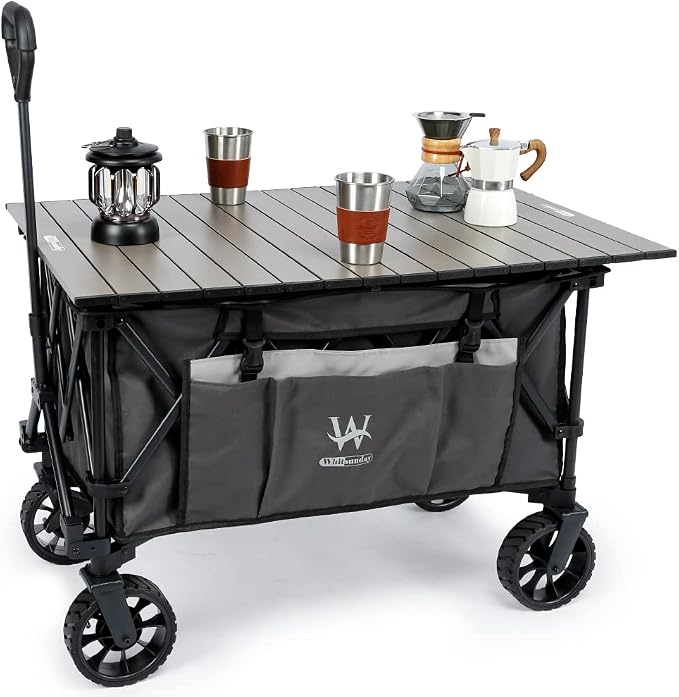 Whitsunday Folding Collapsible Utility Wagon, 400Lbs Heavy Duty Outdoor Park Beach Wagon with Table and Side Pocket for Garden Camping Sports Shopping Grey
