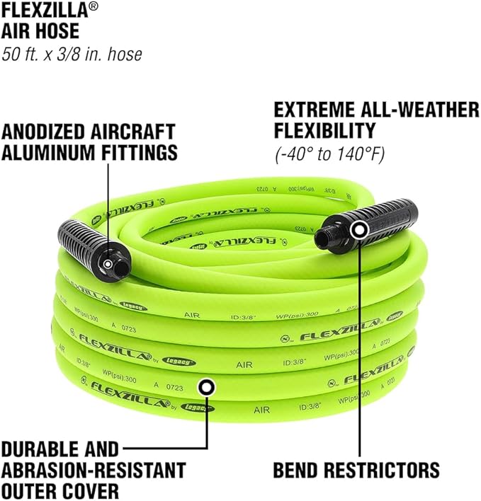 Flexzilla Air Compressor Hose, 3/8 in. x 50 ft., 1/4 in. MNPT Fittings, No-Kink, All Weather, Lightweight, Premium Hybrid Polymer, 300 PSI, ZillaGreen
