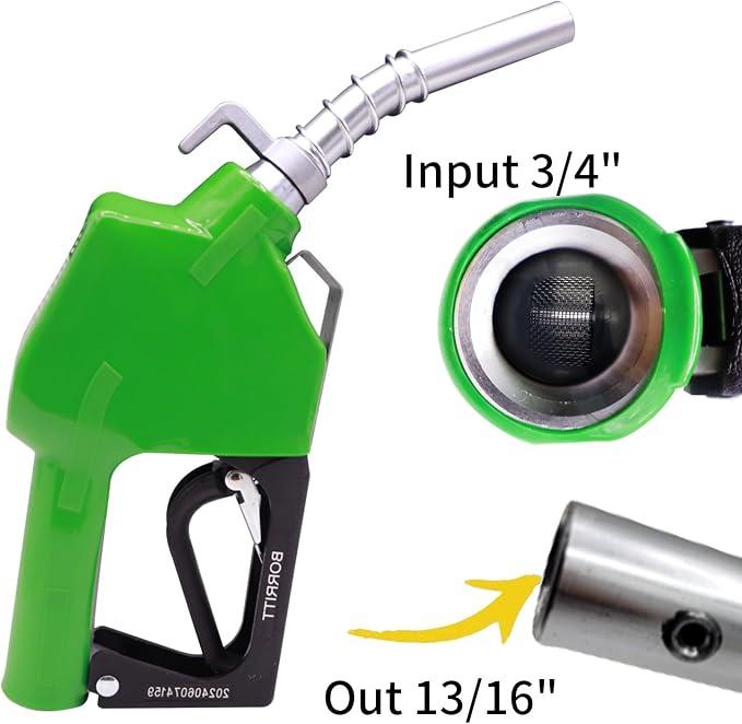 Green 3/4" Inch NPT Automatic Shut-Off Fuel Nozzle With Hook 13/16"Spout Max Flow Rate 16 GPM Perfect For Industry,Transportation Used for diesel,gasoline,kerosen