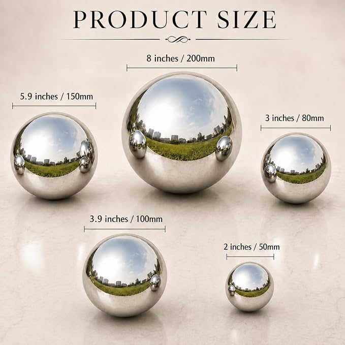 Gazing Ball Garden Mirror Outdoor - Outside Decorative Globe, Silver, 8Pcs | Metal Polished Reflective Sphere, Stainless Steel Hollow Decoration Ornament for Home Pond Swimming Pool Housewarming Gift