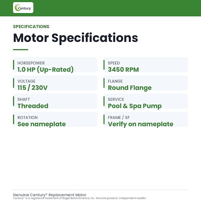 Century UST1102 1-Horsepower Up-Rated Round Flange Replacement Motor (Formerly A.O. Smith) | 56J round flange C-face, 5/8 in shaft, 7/16-20 right hand thread, CCW from the pump end, run capacitor not included