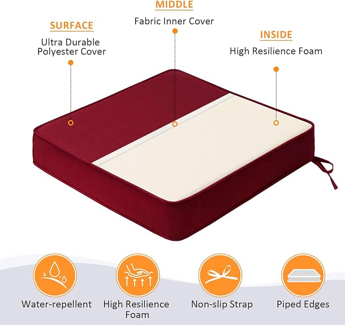 Square Corner Seat Cushions, 19" x 19" x 3", Set of 4, Indoor Outdoor Water Repellent Universal Chair Pads with Ties for Patio Furniture, Garden Deck Dining Chairs, Red