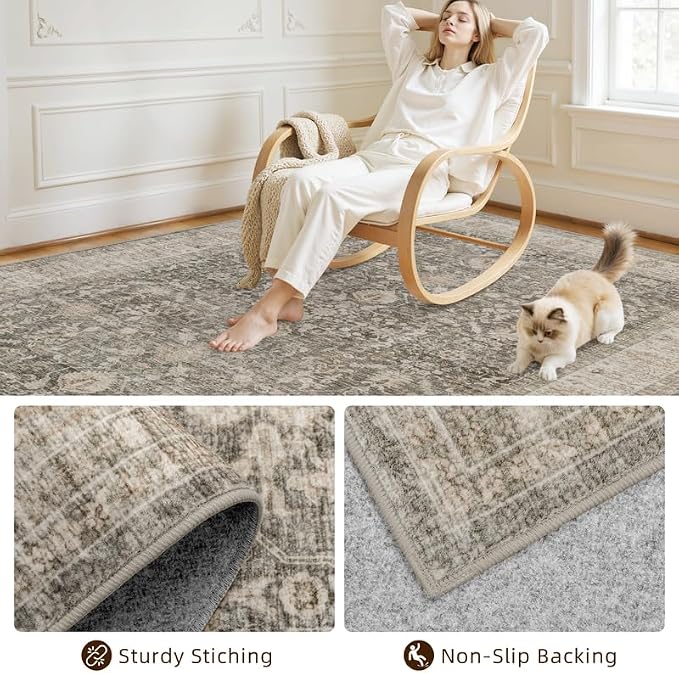 10x12 Area Rugs Living Room: Bedroom Washable Carpet Warm Taupe | Vintage Boho Soft Small Indoor Decor Floor Non-Slip Low Pile Neutral Farmhouse Entryway Laundry Bathroom Bedroom Beside Rugs