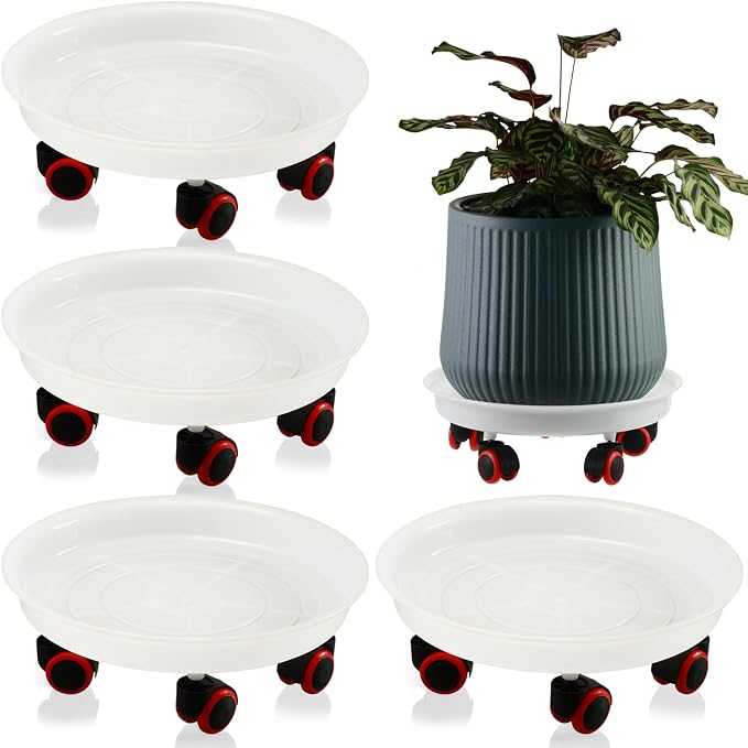 4 Packs 15.7 Inches Extra-Large Plant Caddy Plant Saucers on Wheels Rolling Plant Stands Heavy-duty Plant Dolly Plastic Planter Roller Base Pot Movers Outdoor Plant Tray Coaster, Clear white