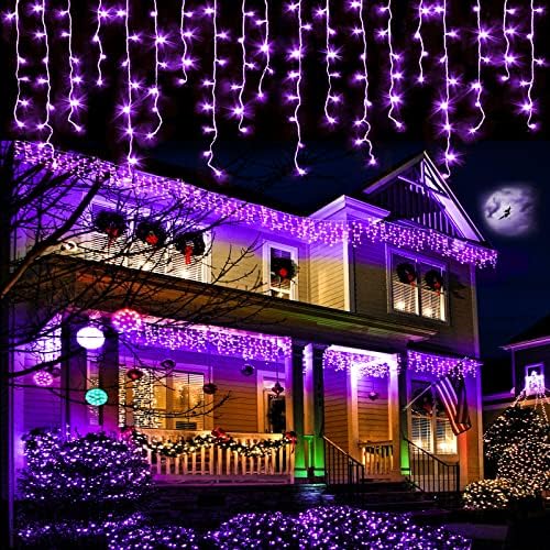 33ft Purple Halloween Lights Outdoor Indoor, 400 LED Icicle Lights for Outside Twinkle Christmas Lights with 75 Drops Clear Wire Timer 8 Modes for House Party Tree Yard Patio Eaves Holiday Decoration by Nielfoi