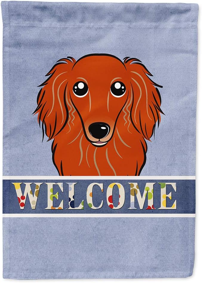 Caroline's Treasures BB1400CHF Longhair Red Dachshund Welcome House Flag, Blue Large Porch Sleeve Pole Decorative Outside Yard Banner Artwork Wall Hanging, Polyester, House Size, Multicolor