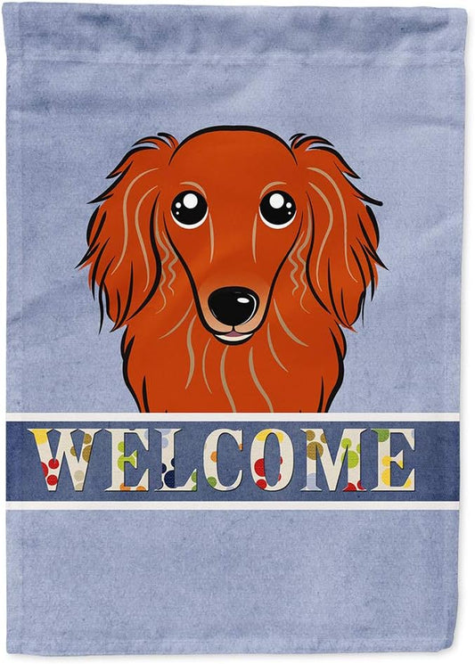 Caroline's Treasures BB1400CHF Longhair Red Dachshund Welcome House Flag, Blue Large Porch Sleeve Pole Decorative Outside Yard Banner Artwork Wall Hanging, Polyester, House Size, Multicolor