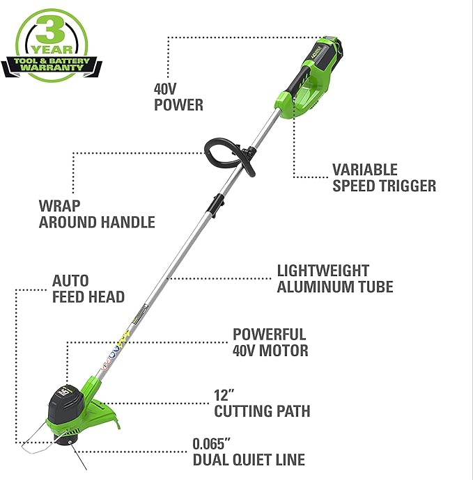 Greenworks 40V 20" Cordless Pole Hedge Trimmer and 40V 12" String Trimmer, (1) 2.0Ah Battery and Charger Included