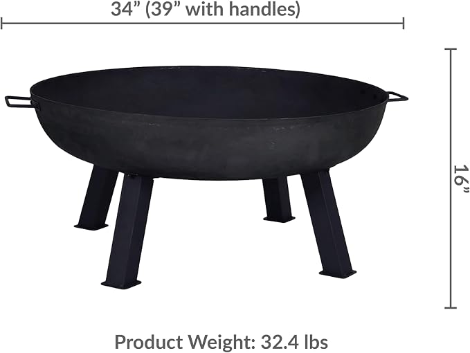 Sunnydaze Cast Iron Heavy Duty Fire Pit for Outside - Wood Burning Outdoor Fire Pit Bowl with Handles for Patio, Backyard, Camping - 34" - Black