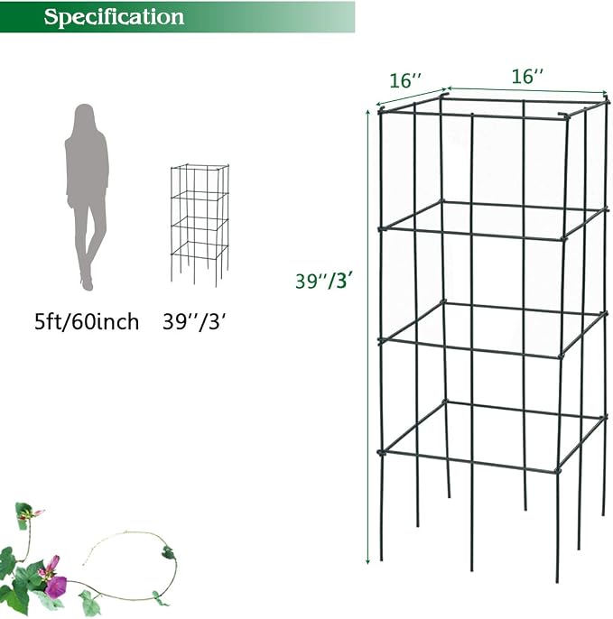 Giantex 8 Pack Folding Tomato Cages, 39" Square Plant Support Cage, Metal Tomato Trellis for Garden, Pots, Climbing Plants, Vegetables, Flowers, Fruits