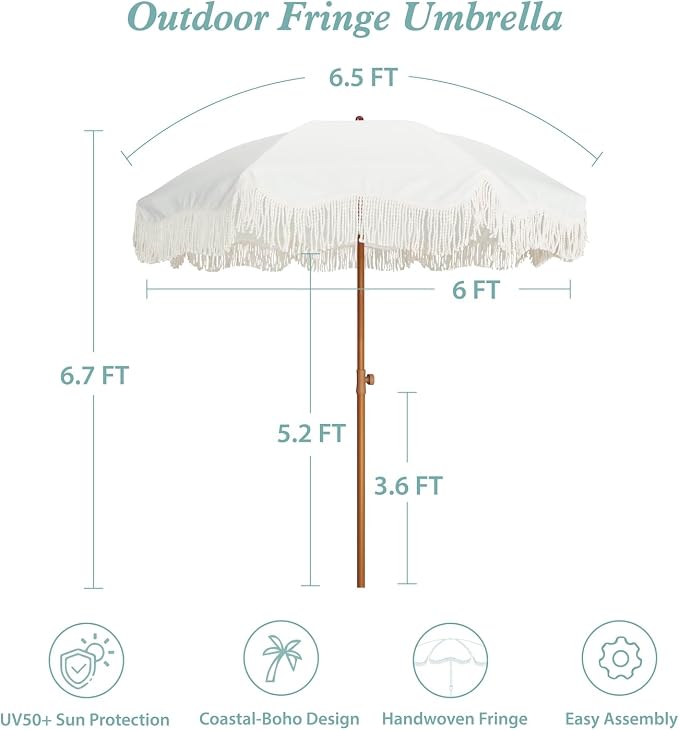 AMMSUN Boho Fringe Umbrella Outdoor Patio, 6.5ft UPF50+ Picnic Umbrella with Tassels with Steel Pole and Push Button Tilt, Antique White