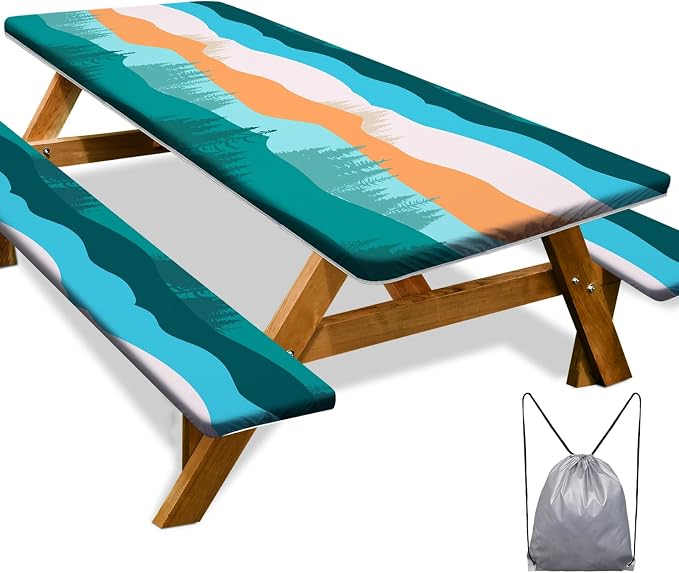 Picnic Table Cover with Bench Covers Camping Essentials Waterproof Windproof Camping Tablecloth with Drawstring Bag, Fitted Rectangle Tables and Seats, 96in, Orange Blue