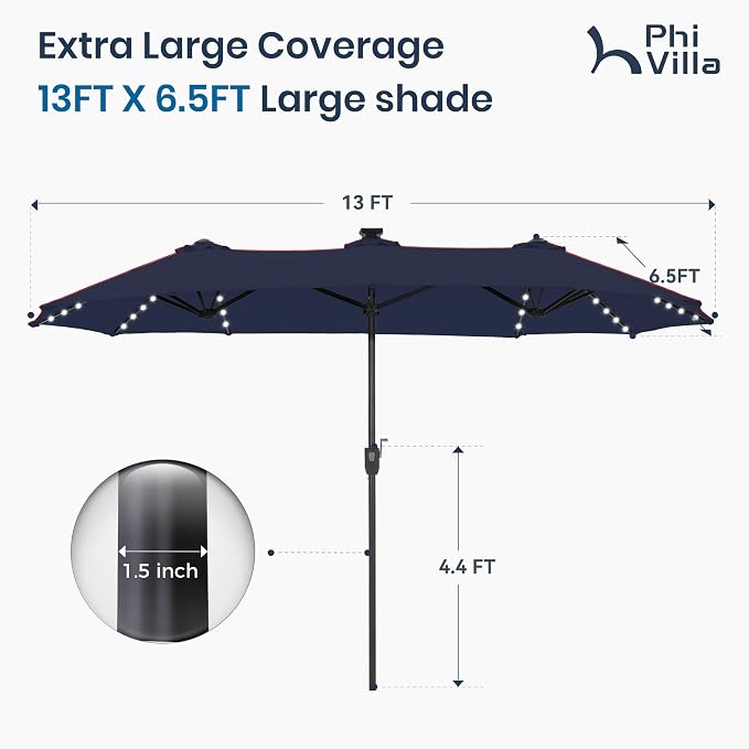 PHI VILLA 13ft Patio Umbrella with Solar-Powered 120 PCS LED Color-Changing Lights, Triple-Head Large Rectangle Umbrella Outdoor Patio for Table with Crank Lift,Navy Blue(No Base)