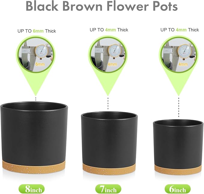 Meowell 8/7/6 inch Flower Pots, 3 Pack Cylinder Plant Pots for Outdoor Indoor Plants, Decorative Plastic Planters with Drainage Holes and Saucers for Garden House Plants, Black with Brown