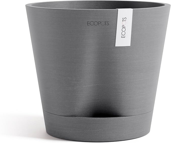 Ecopots Venice 2 Durable Modern Round Indoor/Outdoor Recycled-Based Composite Flower Pot Planter w/Water Reservoir, Grey, 8"