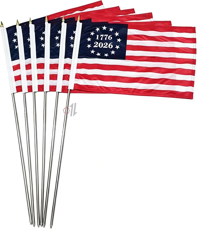 6 Pcs 250th Anniversary American Flags on Stick 12x18 Inch, 1776-2026 US Handheld Flag with Telescopic Stainless Steel Pole, Small USA Stick Flag Perfect for 4th of July Patriotic Decorations