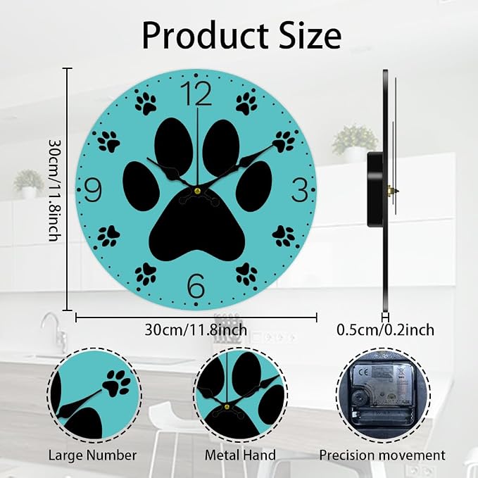 CHGCRAFT Dog Paw Prints Wall Clock 12 Inch Battery Operated Wall Clock Butterflies Non Ticking Silent Decorative Clock for Office Bedroom Home Decor