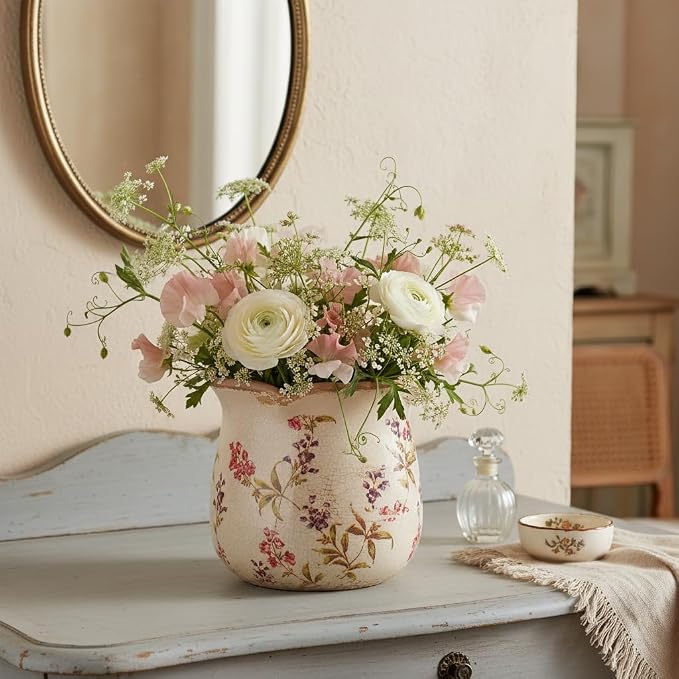 6.11" French Farmhouse Ceramic Flower Pot for Indoor & Outdoor Plants | Vintage Floral Ceramic Planter & Utensil Holder, Decor for Kitchen Counter & Garden, Ideal Housewarming Gift for Home Lovers