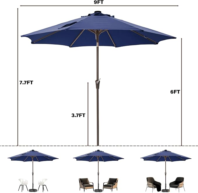 9FT Solar-Powered LED Patio Umbrella with Tilt Crank,Outdoor Market Umbrella with 32 Lights,Sunshade for Deck, Garden and Pool