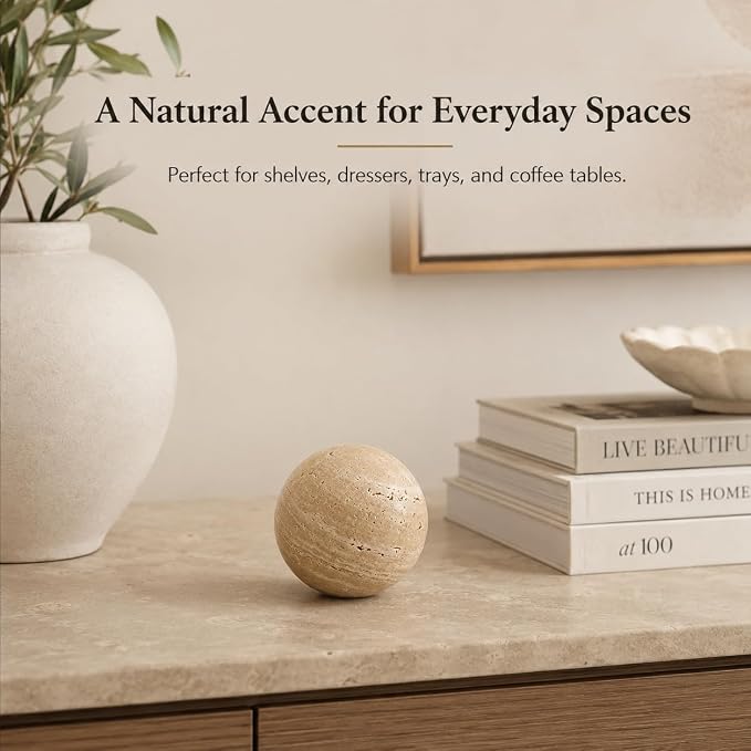 Natural Travertine Decorative Sphere, 2.36 Inch Stone Ball Decor, Hand-Polished Beige Orb Accent for Shelves, Dressers, Trays and Coffee Table