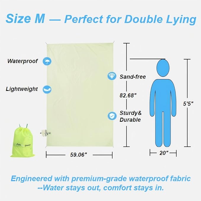 Picnic Blanket Waterproof – Packable Sand Proof Beach Blanket (0.42lb/0.66lb), Compact & Foldable, Fits in Pocket with Integrated Stakes, Ideal for Camping, Hiking, Travel, Concert, Festival