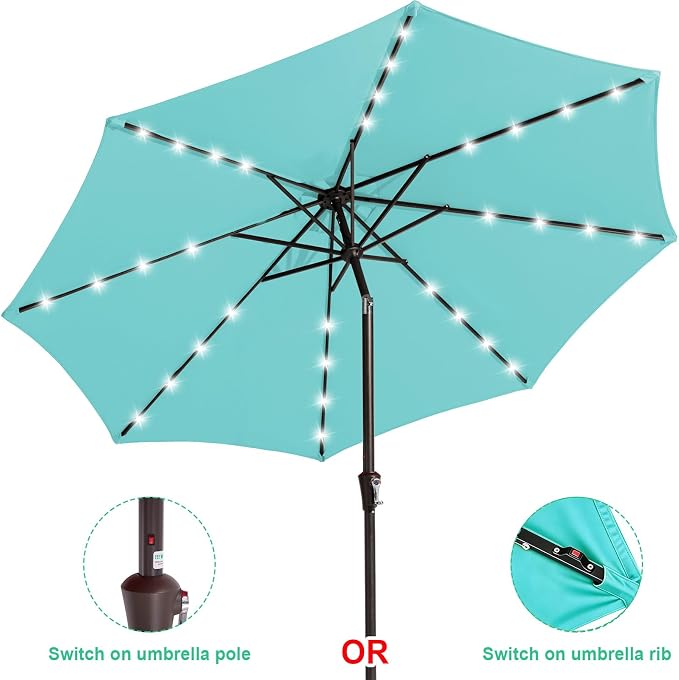 JEAREY 9FT Outdoor Patio Umbrella with Solar Lights, LED Lighted Pool Umbrella with Tilt and Crank, Outdoor Table Umbrellas for Deck, Yard & Market (Teal)