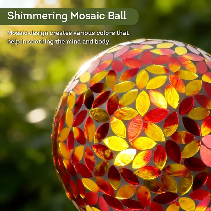 Lily's Home Colorful Mosaic Glass Gazing Ball, Designed with a Stunning Holographic Petal Mosaic Pattern to Bring Color and Reflection to Any Home and Garden, Red and Gold (10" Diameter)