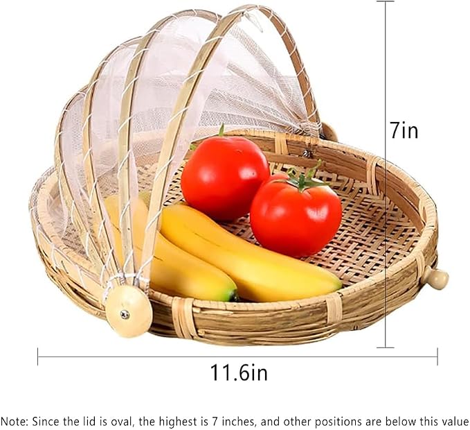 Mwellewm Food Bamboo Food Serving Tent Basket Hand-Woven Basket Serving Dustproof Round Picnic Basket Vegetable Fruits Bread Home Storage Basket with Mesh Gauze Cover Container