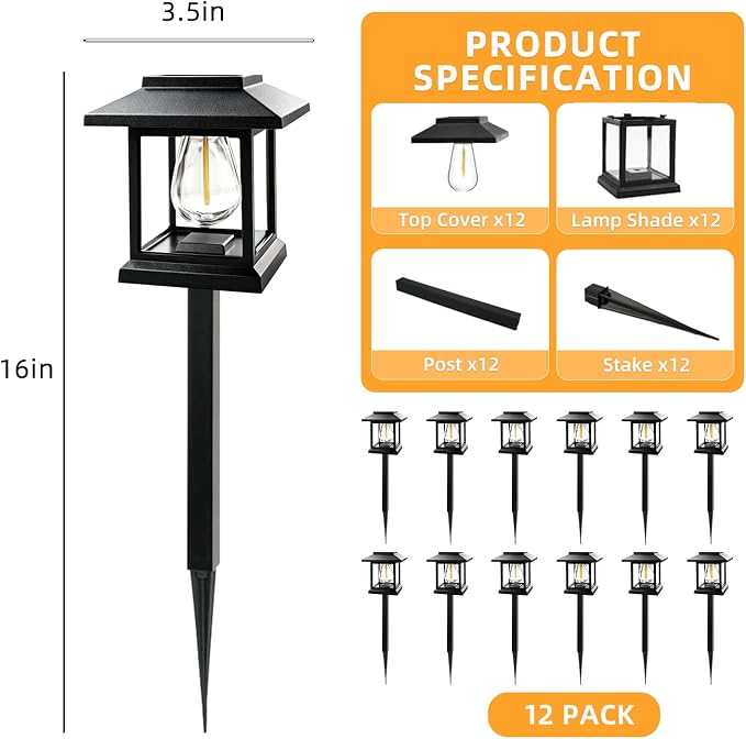 12-Pack Solar Pathway Lights - High-Efficiency Polycrystalline Panels for All-Night Glow - IP55 Waterproof Outdoor Landscape Lighting for Garden, Walkway & Driveway Security (Black)