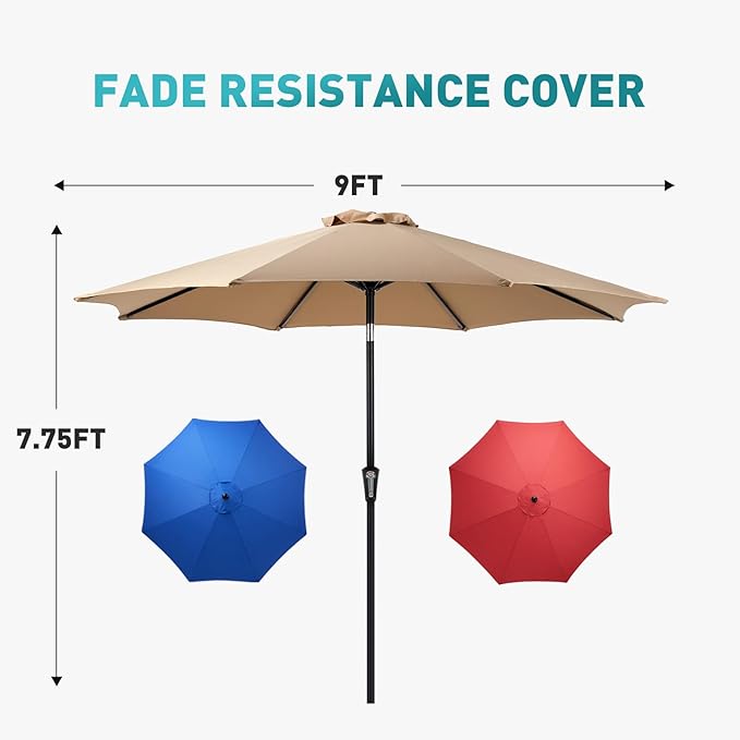OLIXIS 9FT Outdoor Patio Umbrella, Patio Table Umbrella 9 Feet Sun Shade for Pool, Beach, Umbrellas with Tilt and Crank & Sturdy Ribs Waterproof for Outside Deck, Terrace and Restaurant