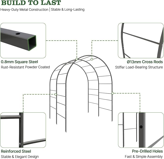 A ANLEOLIFE Garden Arch Trellis for Raised Garden Beds, Heavy-Duty Metal Archway, Bed-Mount or In-Ground Install, Deep-Insert Stability for Cucumbers, Beans, Gourds & Squash, Quartz Gray