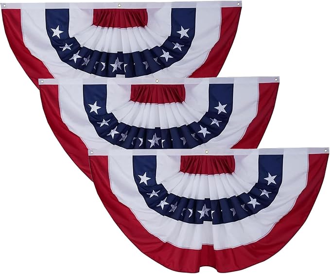 3 Pack American Bunting Flags Outdoor 3x6 ft, Heavy Duty Embroidered Flag Buntings for Outside Use, Patriotic Bunting Banner US Pleated for 4th of July 250th Anniversary