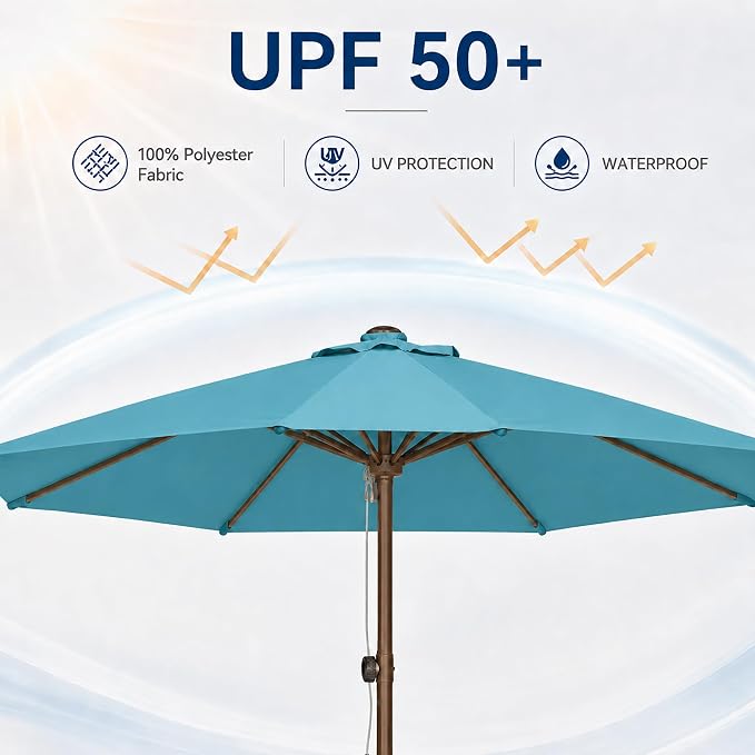 9FT Patio Umbrella, Outdoor Table Umbrella with Rope Pulley Lift, 3 Adjustable Heights, Market Umbrellas for Backyard, Pool and Deck, UPF50+