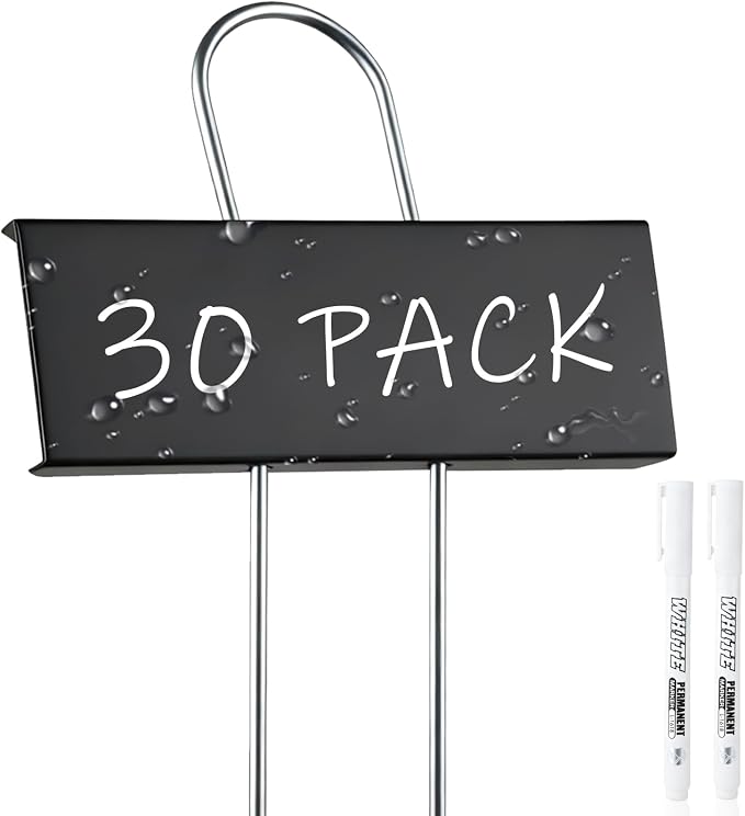 30-Pack Rust-Proof Metal Plant Labels with Galvanized Stakes, Height 10.6" Label Area 3.5"x1.2", Waterproof Weatherproof Garden Markers, Reusable Tags with 2 Pens (Black)