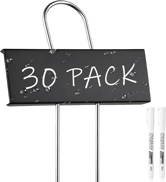 30-Pack Rust-Proof Metal Plant Labels with Galvanized Stakes, Height 10.6" Label Area 3.5"x1.2", Waterproof Weatherproof Garden Markers, Reusable Tags with 2 Pens (Black)