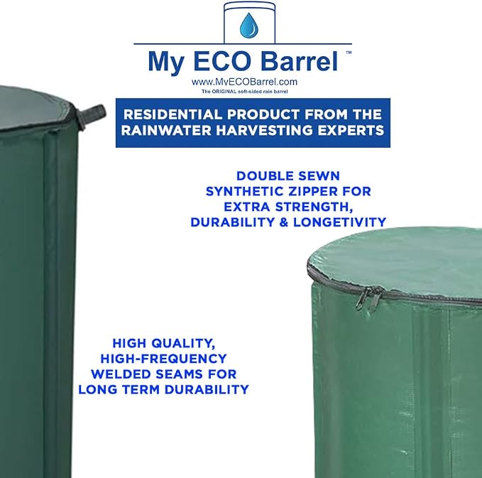My ECO Barrel™ Rollable/Compressible 132 Gallon Rainwater Harvesting Barrel – Large Rainwater Collection System – High Frequency Welded Seams Plus 360° Zipper, Portable Water Storage Tank; BPA Free