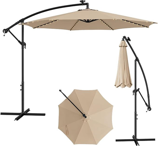 HAPPYGRILL 10FT Cantilever Patio Umbrella with Solar Lights, Outdoor Hanging Offset Umbrella with 112 LED Lights, Tilt Design, Crank Handle, Cross Base Stand for Garden Yard Deck