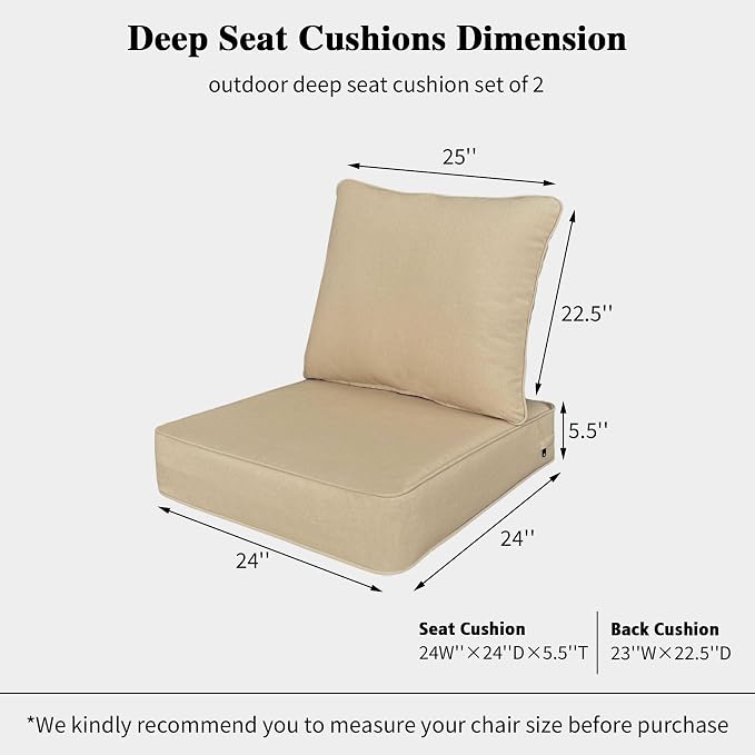Outdoor 24"x24" Deep Seat Patio Cushion Set of 2, Outdoor Chair Cushions with Water-Resistant UV Resistant Weather Resistant Sectional Sofa Pad and Removable Covers,Beige