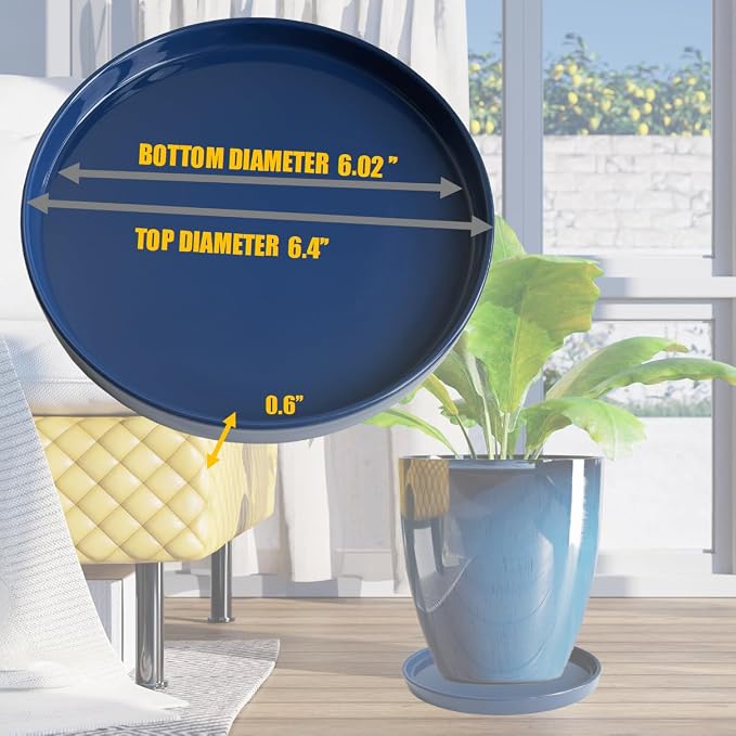 Yukfona Ceramic Plant Saucer Tray 2 Pcs 6.4 Inch Blue, 6.4" OD x6.02 ID x0.9 Deep| Fits Flower pots Bottom≤ 6.02", Heavy Duty Glazed Round Planter Drip with Catch Basin for Indoor Outdoor Plants