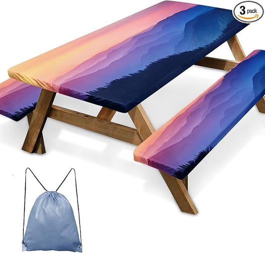 3 Piece Fitted Picnic Table Cover with Bench Covers, 72"x30" Full Elastic Edge Camping Tablecloth, Waterproof Wipeable RV Outdoor Patio Park Camping Essentials With Drawstring Bag (Nature)