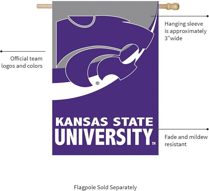 NCAA Kansas State University House Flag, 28 x 44, Double Sided Garden Flags for Outside, Outdoor College Flags & Banners for Gardens Patio, Indoor Wall Decor Flag for Room