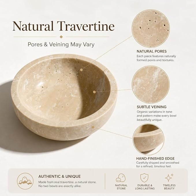 Small Travertine Bowl, 5.9-Inch Stone Catchall | Natural Stone Decoration Bowl for Keys, Jewelry, Rings and Trinkets, Entryway, Vanity, Nightstand and Dresser Decor