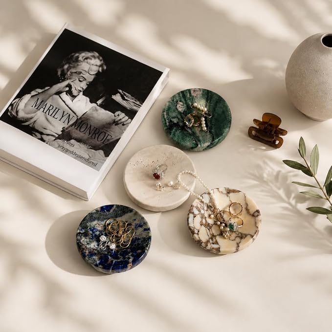 Koville Marble Jewelry Dish, Small Round Trinket Dish for Ring Necklace Earring, 4" Decorative Dish, Natural Stone Soap Dish for Bathroom Kitchen