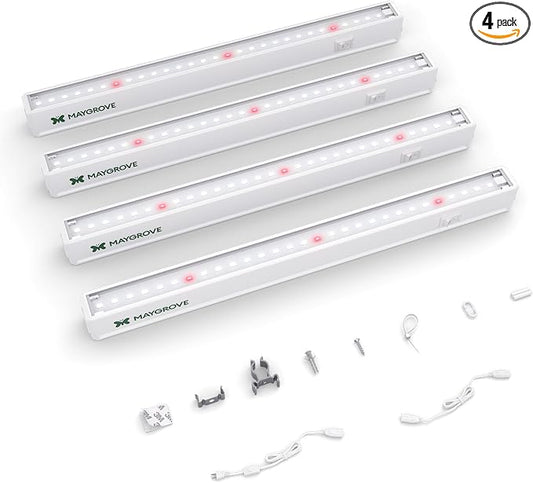 Maygrove T5 Grow Lights for Indoor Plants 1FT, Red-Enhanced Full Spectrum 5000K Grow Light, 28W(4 x 7W), Grow Light Strips for Seed Starting, Greenhouse, High PPFD, Linkable, White, 4-Pack