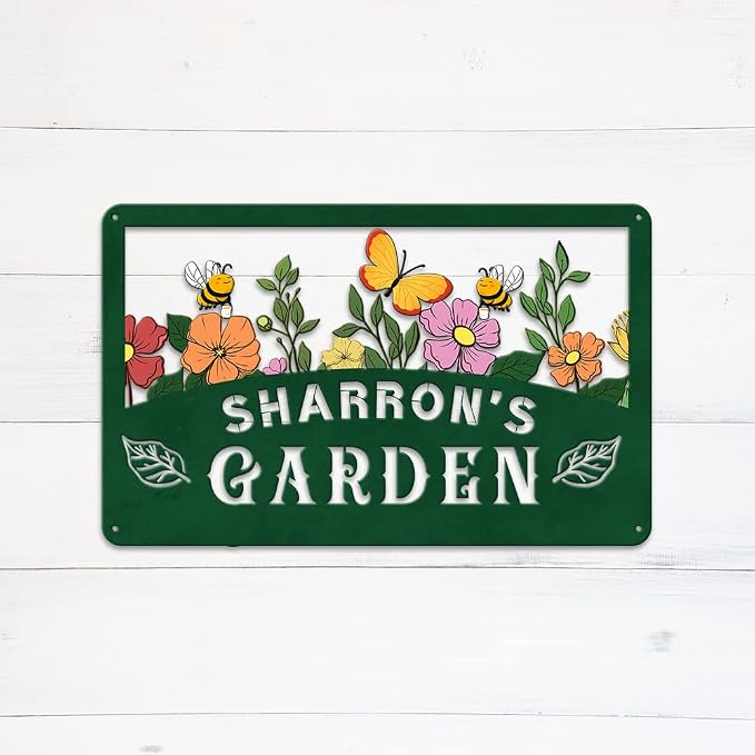 MeMate Floral Garden Plaque, Custom Name Metal Sign for Mom Grandma, Rustic Decor for She Shed