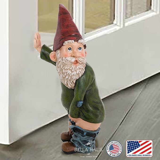Gnome Statue - 10.3" Tall Polyresin - Willy The Peeing Garden Gnome for Lawn Ornaments, Indoor or Outdoor Decorations - Red and Green Funny Gnomes