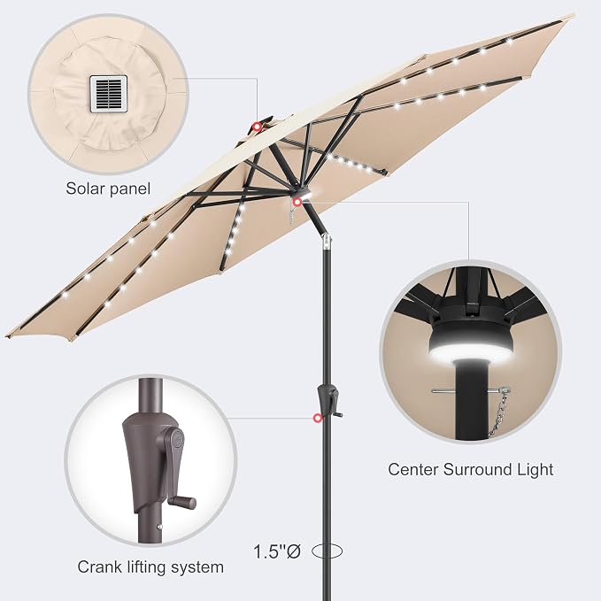 10ft Solar Umbrella Outdoor - Lighted Solar Patio Umbrella with 40 LED Lights Waterproof UV Protection, Table Umbrella with Tilt for Pool, Porch, Garden, Deck, Backyard (Beige)