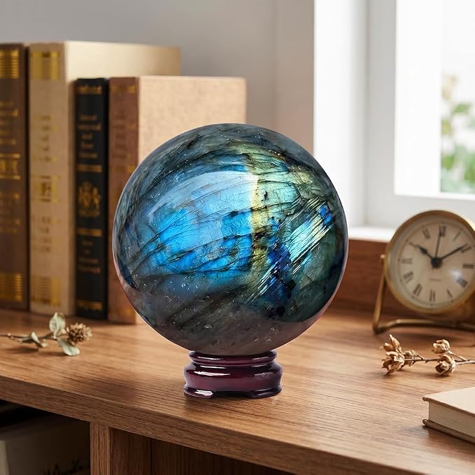 2.4-2.8 inch (6-7 cm) Natural Labradorite Crystal Sphere With Stand, Hand Polished Blue Green Aurora Color Gemstone Ball, Reiki Healing Stone, Feng Shui Home Ornament, Spiritual Meditation Decor