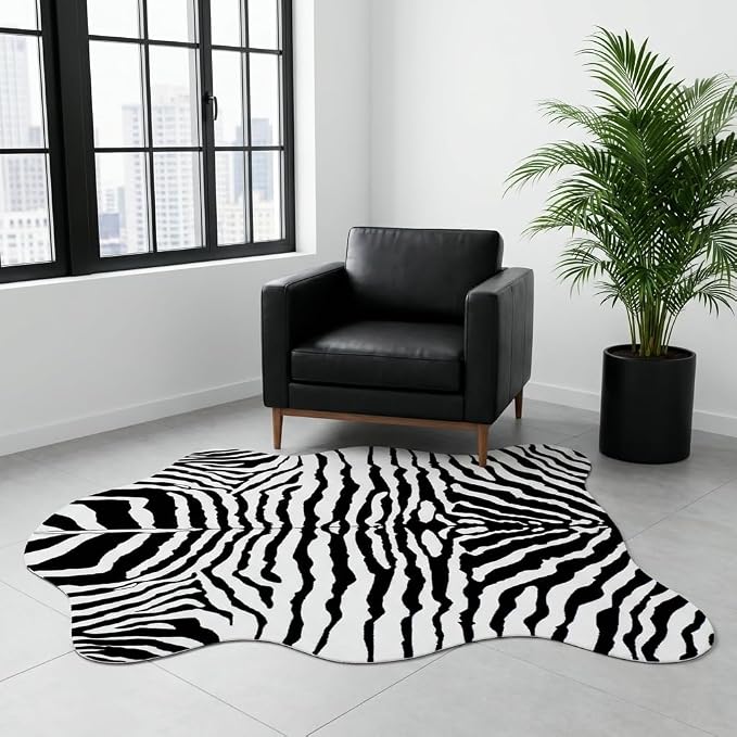 MustMat Zebra Print Rug,Modern Minimalist Area Rug 4'7''×5'3'' | Black & White Zebra Pattern. Fits Apartments, Offices. Complements Industrial & Rustic Decor, Suitable For Holiday Parties