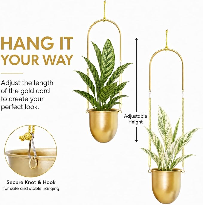 AceList Gold Hanging Planters Set of 2 - Modern Metal Plant Pots 5.5 Inch with Adjustable Hemp Rope and Mounting Hooks, Indoor Outdoor Boho Home Decor for Living Room Balcony Garden Patio Window